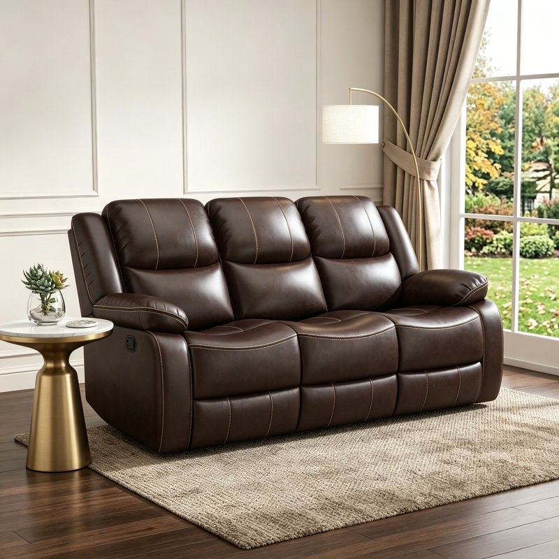 Kamarli Faux Leather Upholstered Solid and Manufactured Wood Frame Manual Reclining Sofa