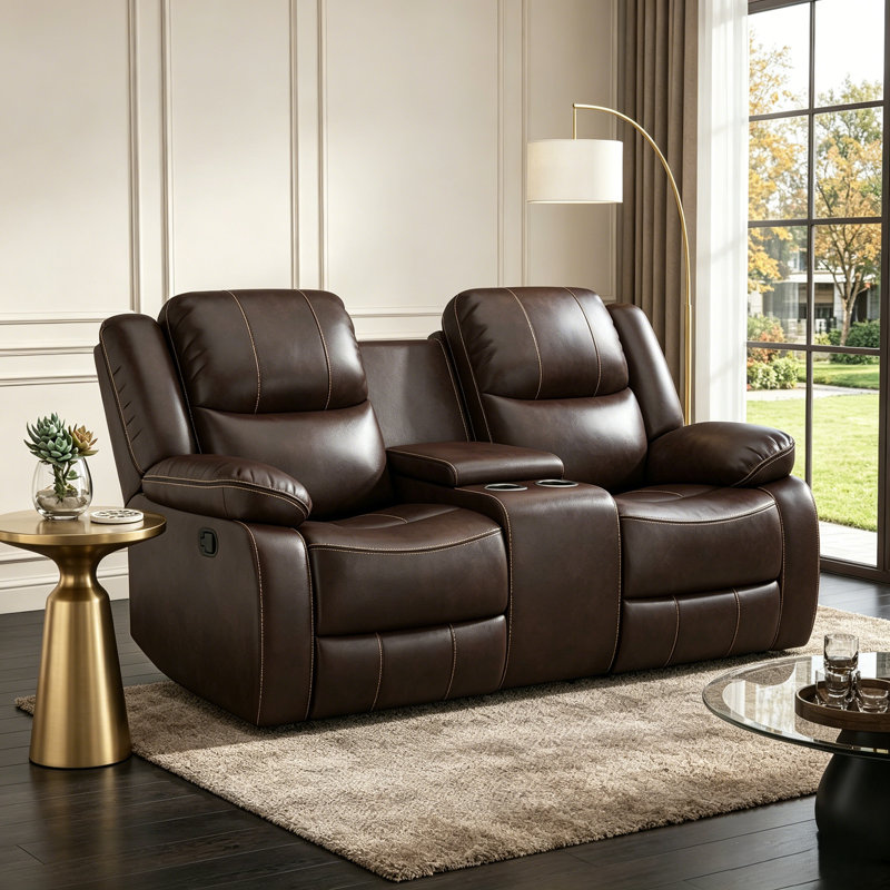 72.8" W Faux Leather Upholstered Reclining Loveseat with Cup Holders