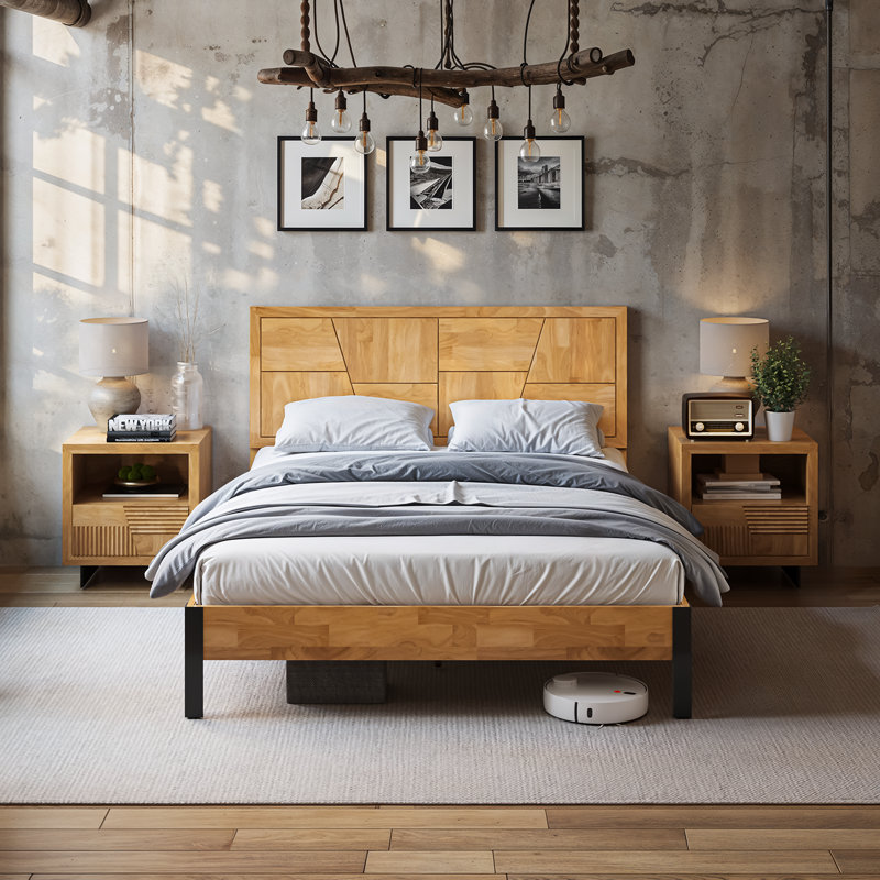 Trapeze Modern Industrial Platform Bed Frame - Light Natural Finish with Smooth Pattern Headboard & Iron Legs