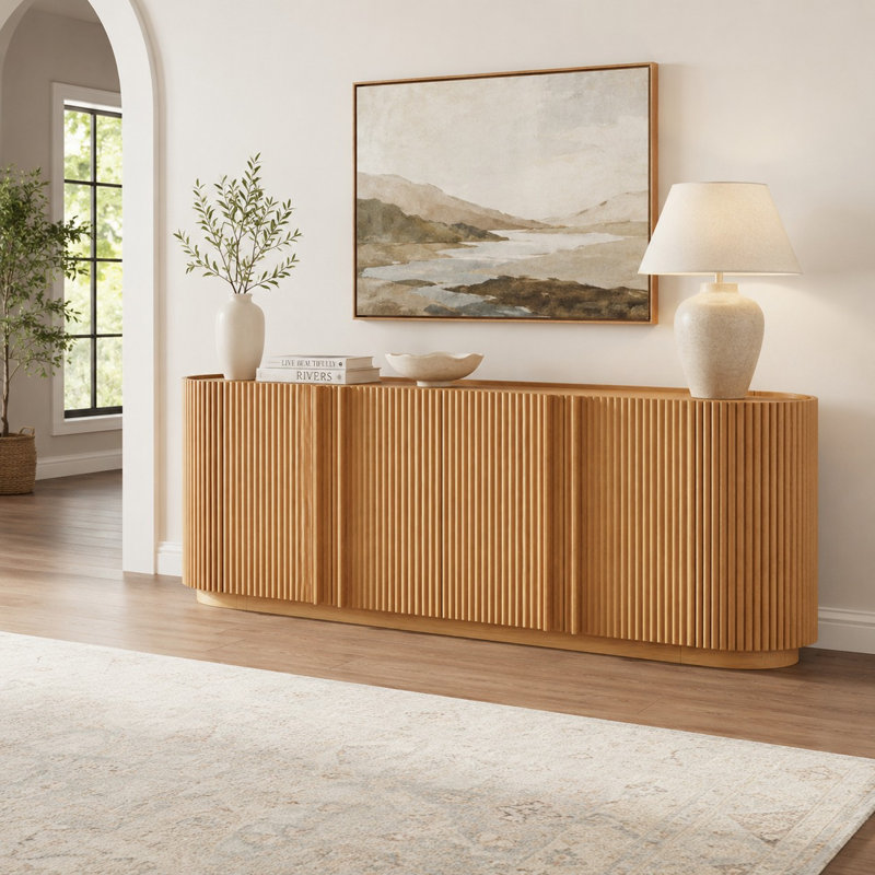 70" Fluted Curved TV Stand Wood Bar Handles