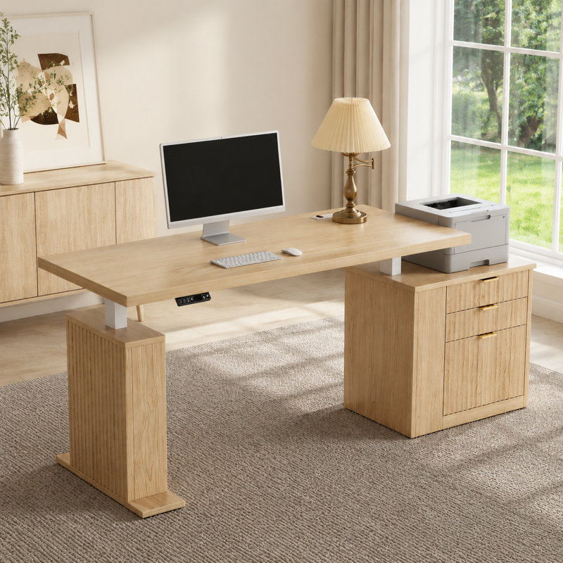 Modern 75.5'' L-Shaped Standing Desk with 3 Drawers, Height Adjustable Fluted Desk with Outlets