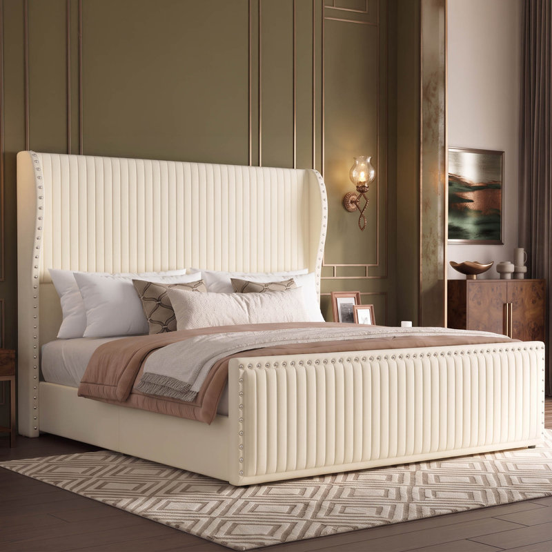 Upholstered Platform Bed With Nailhead Trim, Velvet Headboard And Footboard, No Box Spring Needed
