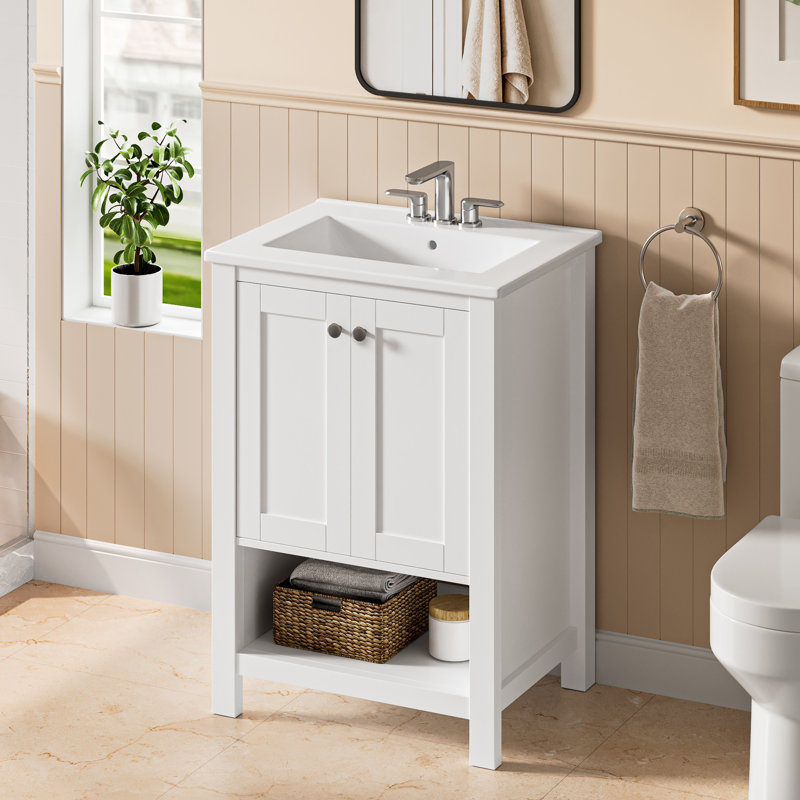 Monolith 24" Fully Assembled Single Bathroom Vanity with Ceramic Top, Woven Storage Basket, White