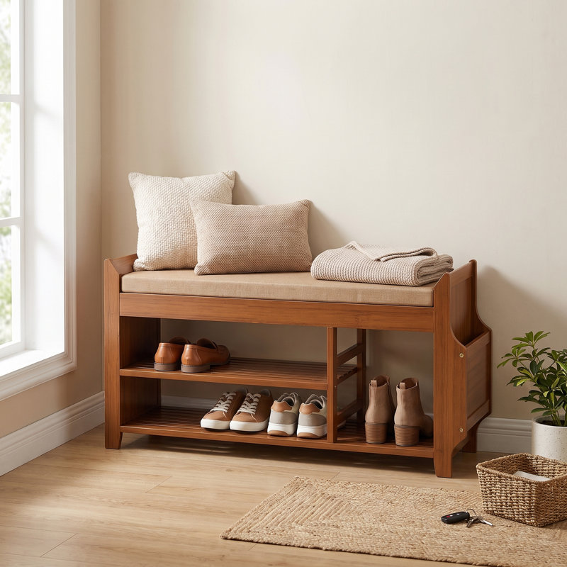 7-Pair Capacity Red-Brown Bamboo Shoe Bench with Hidden Storage