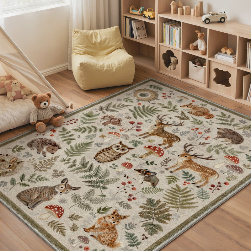 Aarna Woodland Rustic Animals Beige&Brown / Navy / Light Blue Area Rug, Washable Kids Rug with Non-Slip Backing