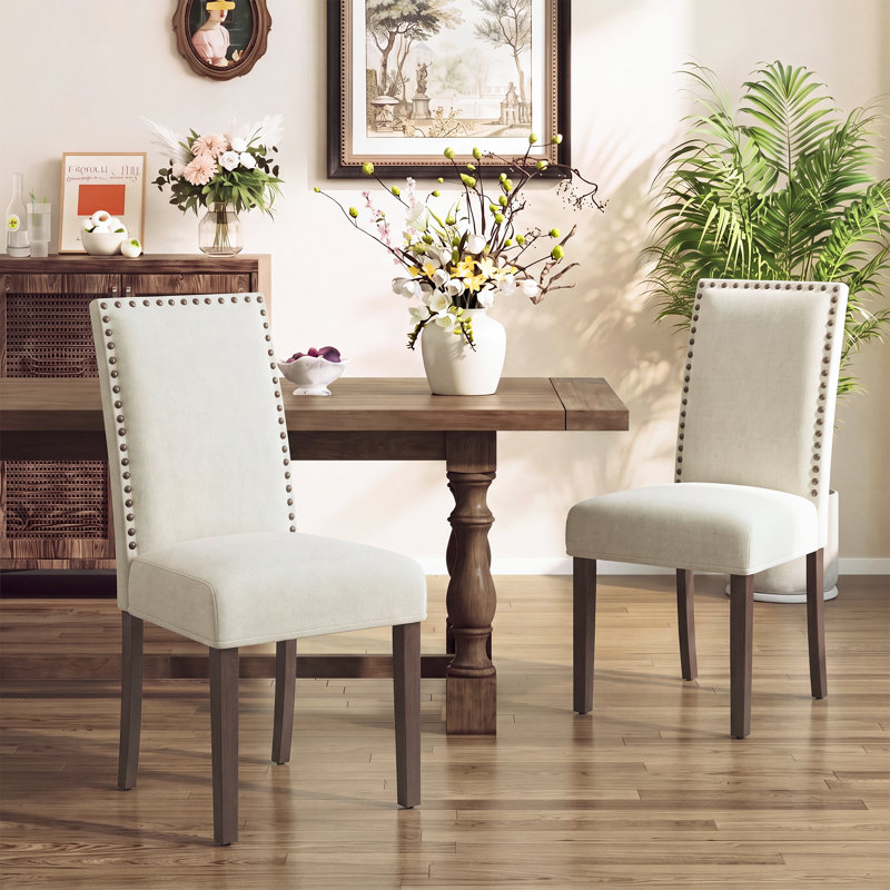 Syriyah Vintage 6" Thick Seat Linen Parsons Dining Chairs with Nailhead Trim Solid Wood Legs