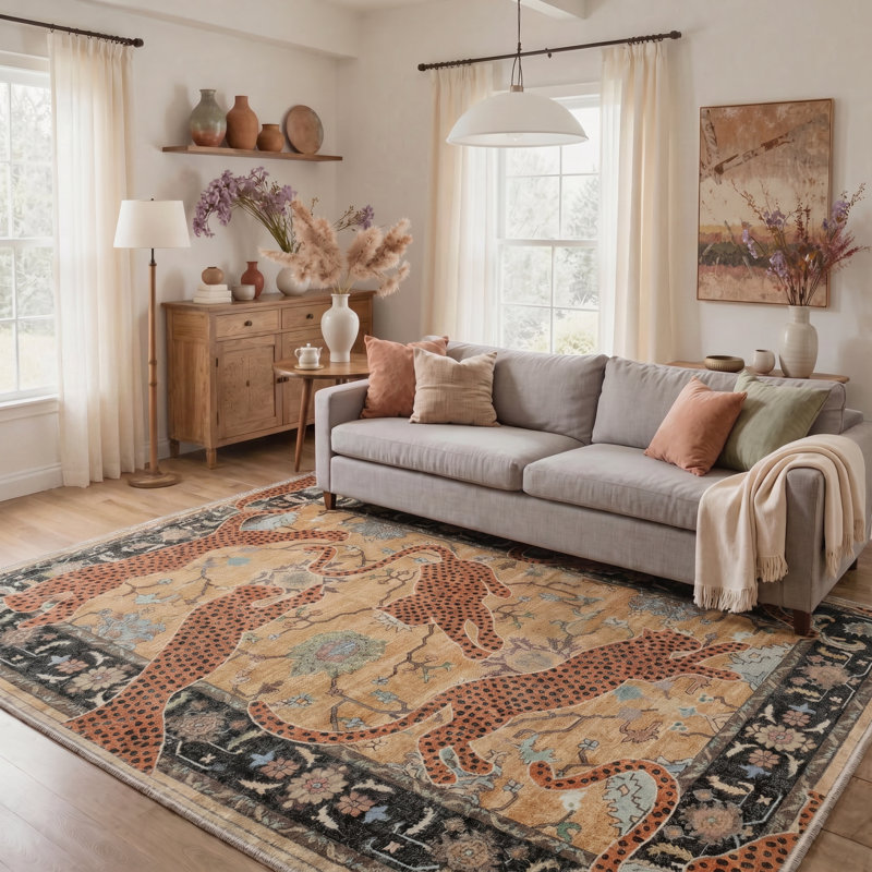 Allandale Safari Animal Print Leopard Machine Washable Indoor Area Rug with Non-Slip Backing