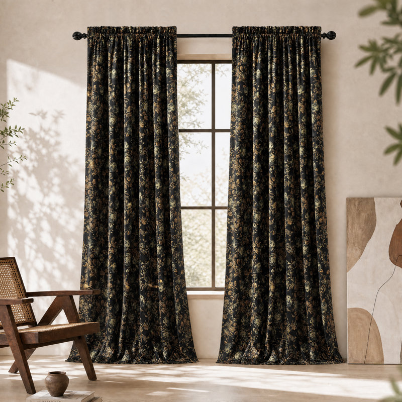 Floral Velvet Curtains for Living Room, Vintage Print Room Darkening Thermal Insulated Rod Pocket Drapes,2 Panels
