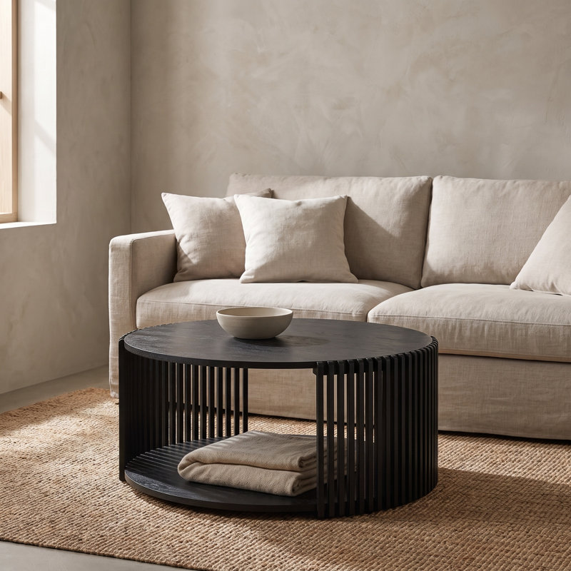 Estie Round Wood Slatted Coffee Table With Open Shelf