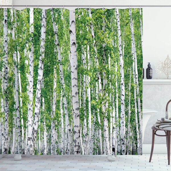 Tree Shower Curtain Abstract Birch Forest Vintage Hand Painted Retro Rustic Woo 