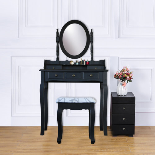 Alcott Hill Hilburn Wood 4 Drawer Vanity Set With 3 Folding Mirror
