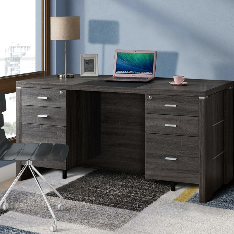 Latitude Run Wooden Desk With Locking Drawers Dark Taupe Grey