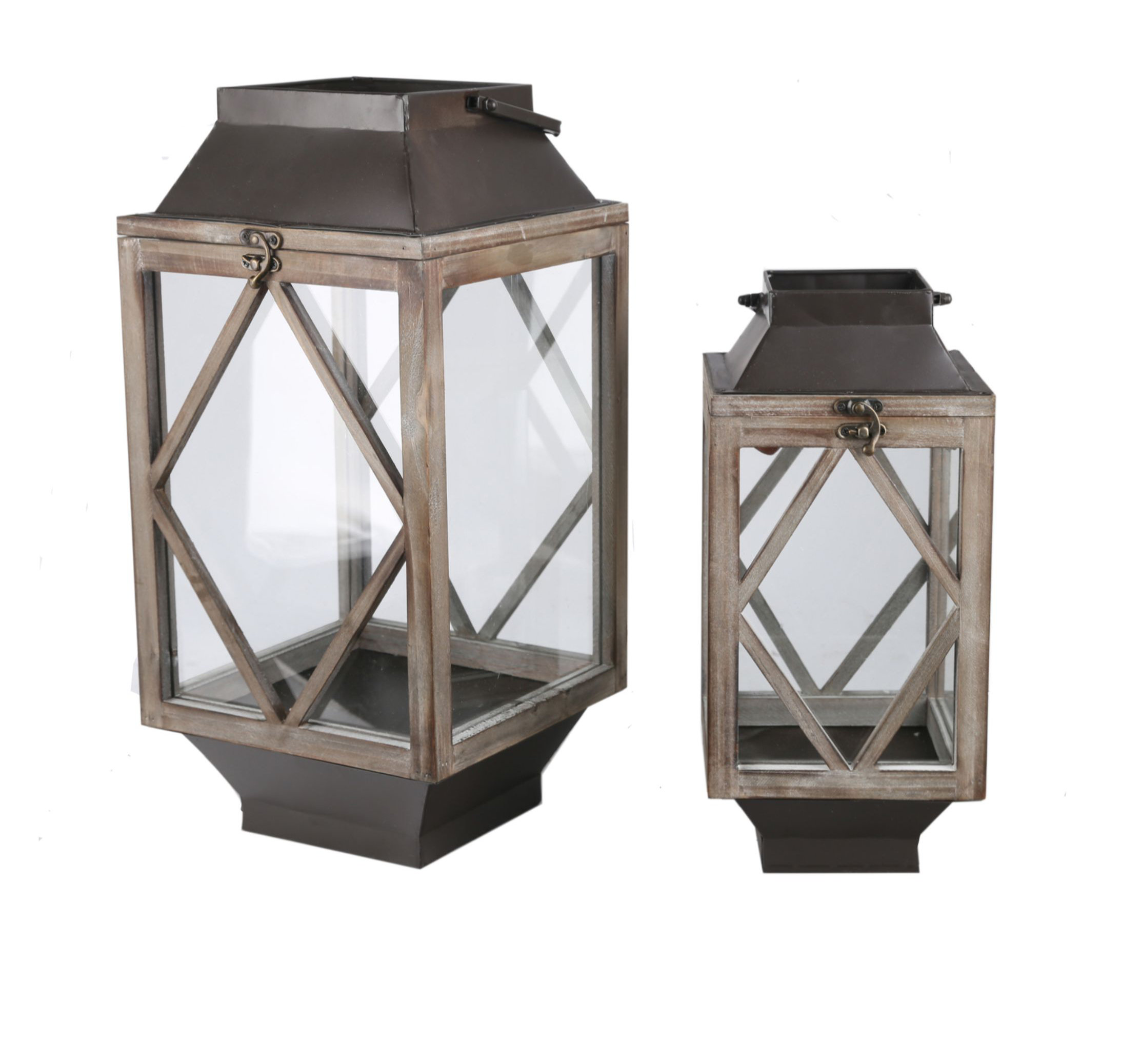 Union Rustic 2 Piece Tall Wood Glass And Metal Lantern Set Wayfair