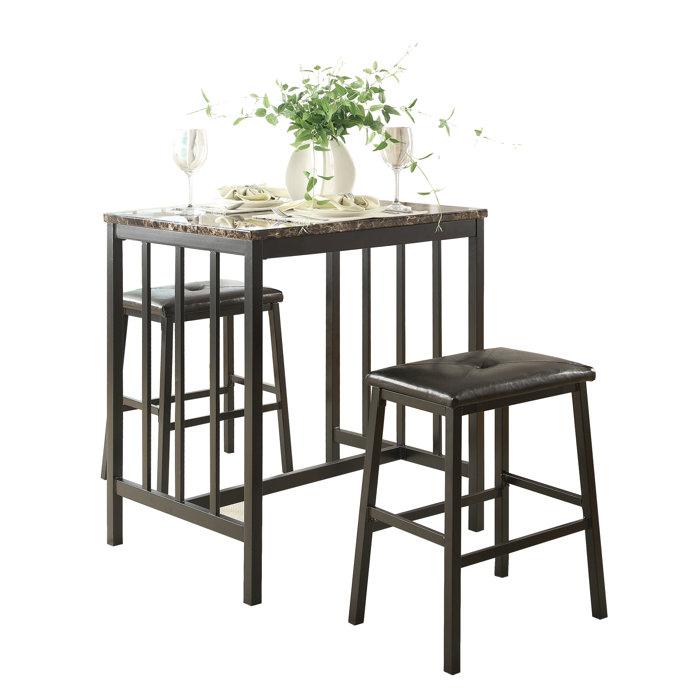 3 Piece Pub Set w// Faux Marble Top Bar Table and 2 Stools Dining Set Industrial