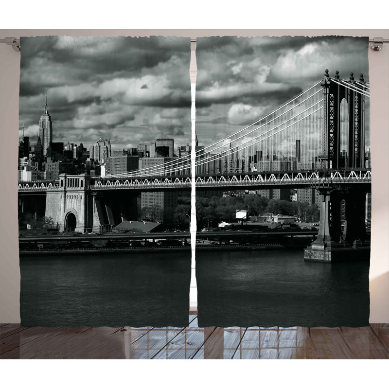 New York Black And White Panorama Of New York City Skyline With Focus On Manhattan Bridge Photo Graphic Print Amp Text Semi Sheer Rod Pocket Curtain