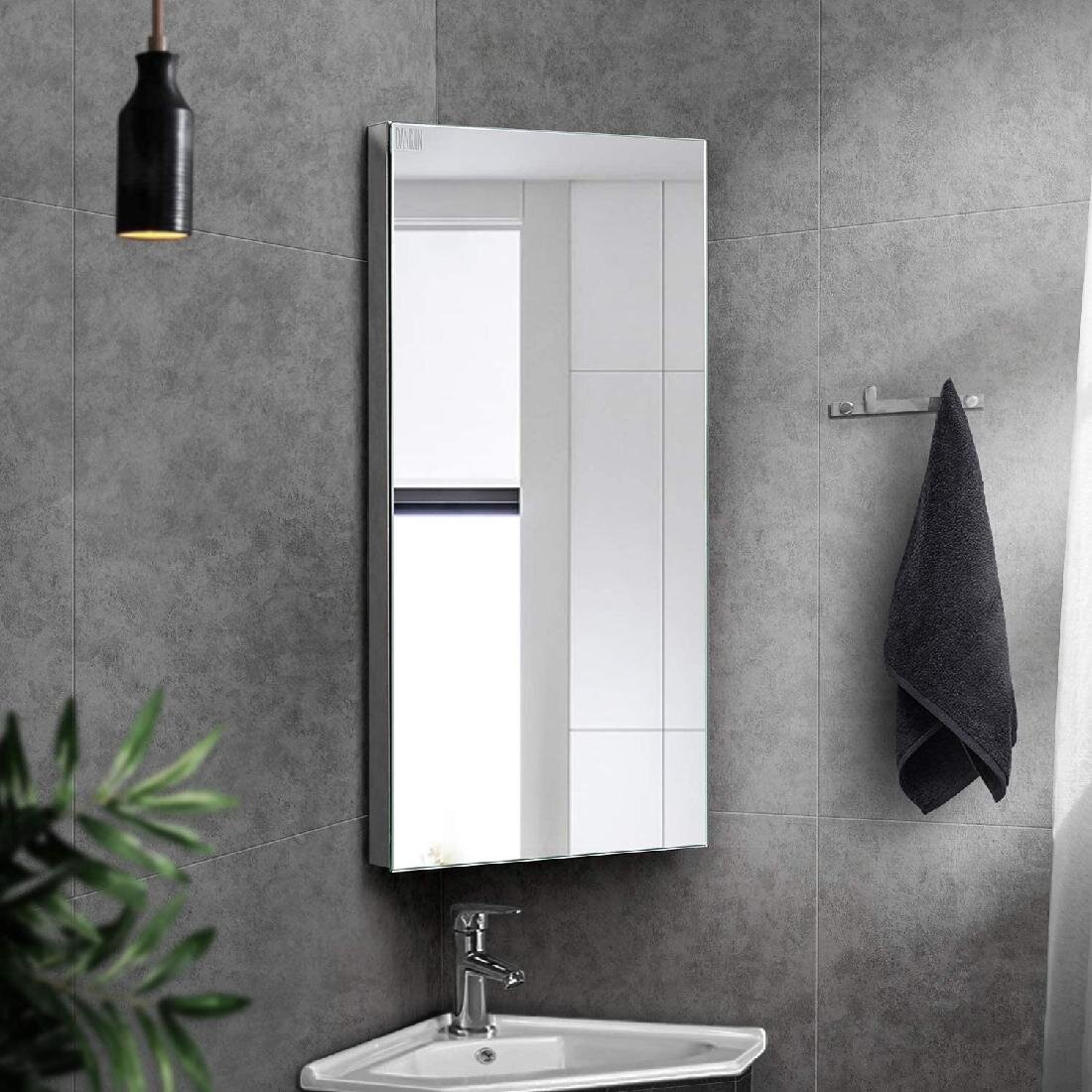 Corner Mirrored Stainless Steel Bathroom Cabinet Mirror Organiser Rack Stylish 