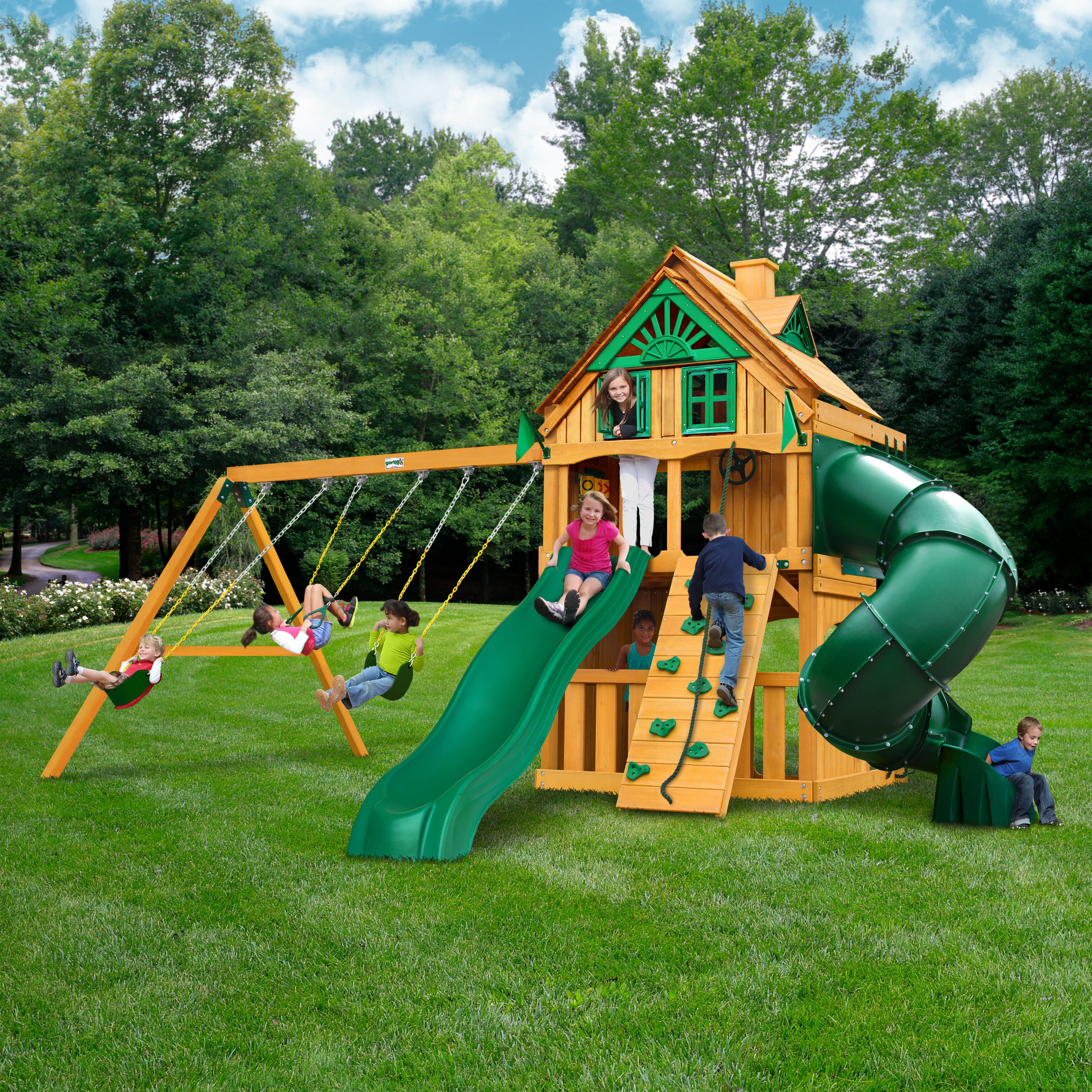 swing set with tree house