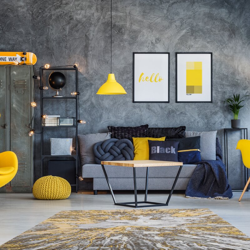 diseño living gris y amarillo