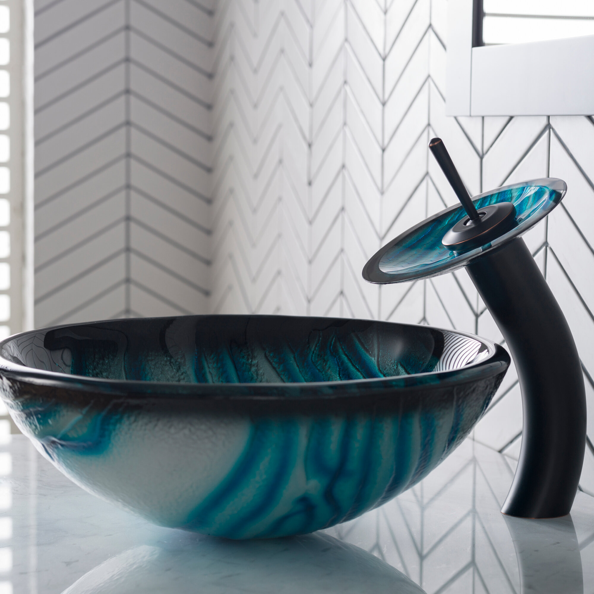 Kraus Ladon 17'' Glass Circular Vessel Bathroom Sink with Faucet ...