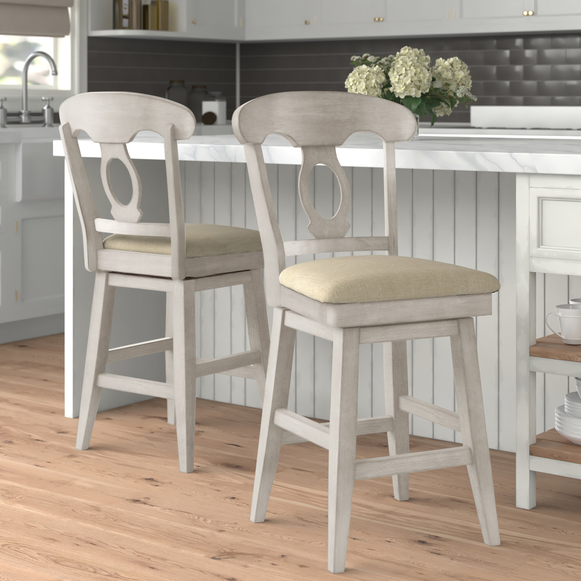 white and tan bar stools