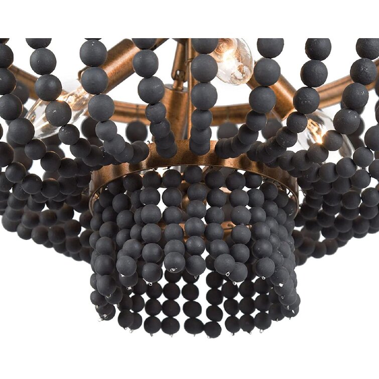 15.5 Dia Antique Gold Finish with Rustic Wood Bead Strands Hallway 4-Light Boho Farmhouse Chandelier for Dining Room Black Beaded Chandelier Bedroom