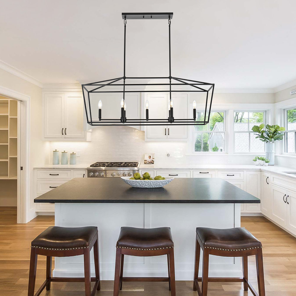 Gracie Oaks 7Light Farmhouse Chandeliers Kitchen Island Cage Linear Pendant Lighting In Black