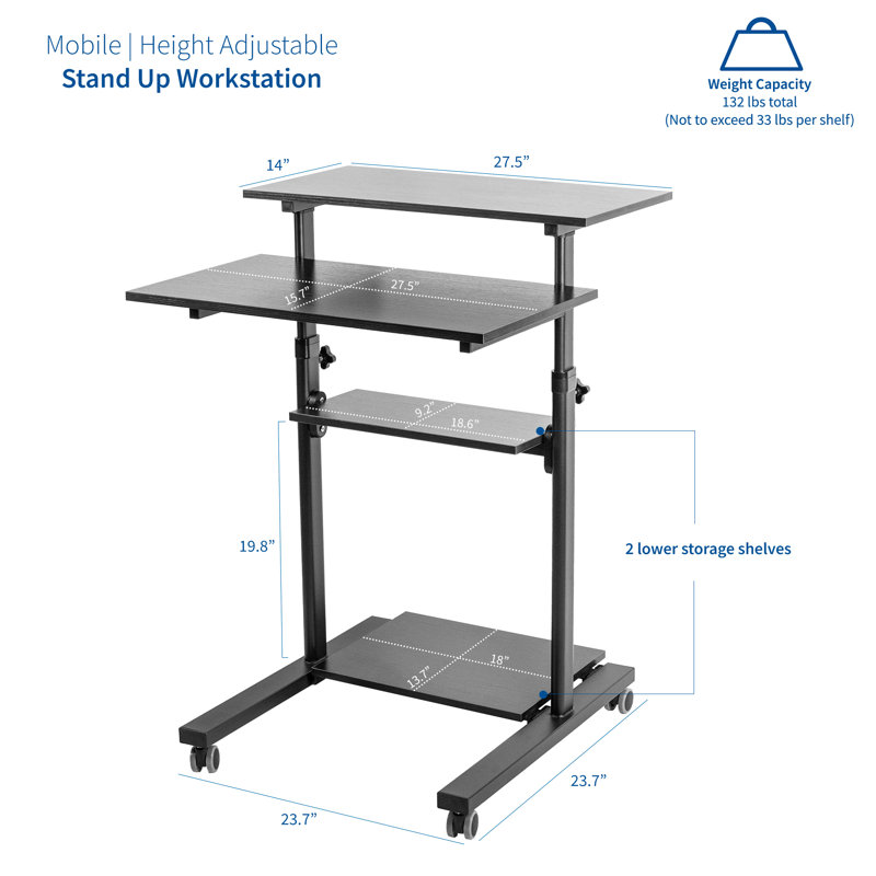 TechOrbits Mobile Standing Desk Computer Cart Laptop Trolley Stand Media Podium and Presentation cart Height Adjustable for Sitting or Standing