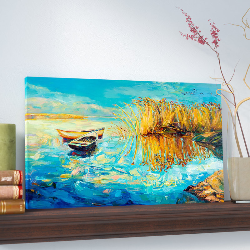 East Urban Home Colorful Lake With Boats Oil Painting Print On