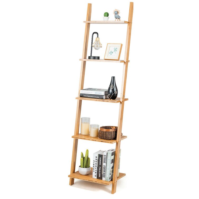 5 Tier Wood Ladder Book Shelf Multipurpose Leaning Rack Wall Bookcase Storage 