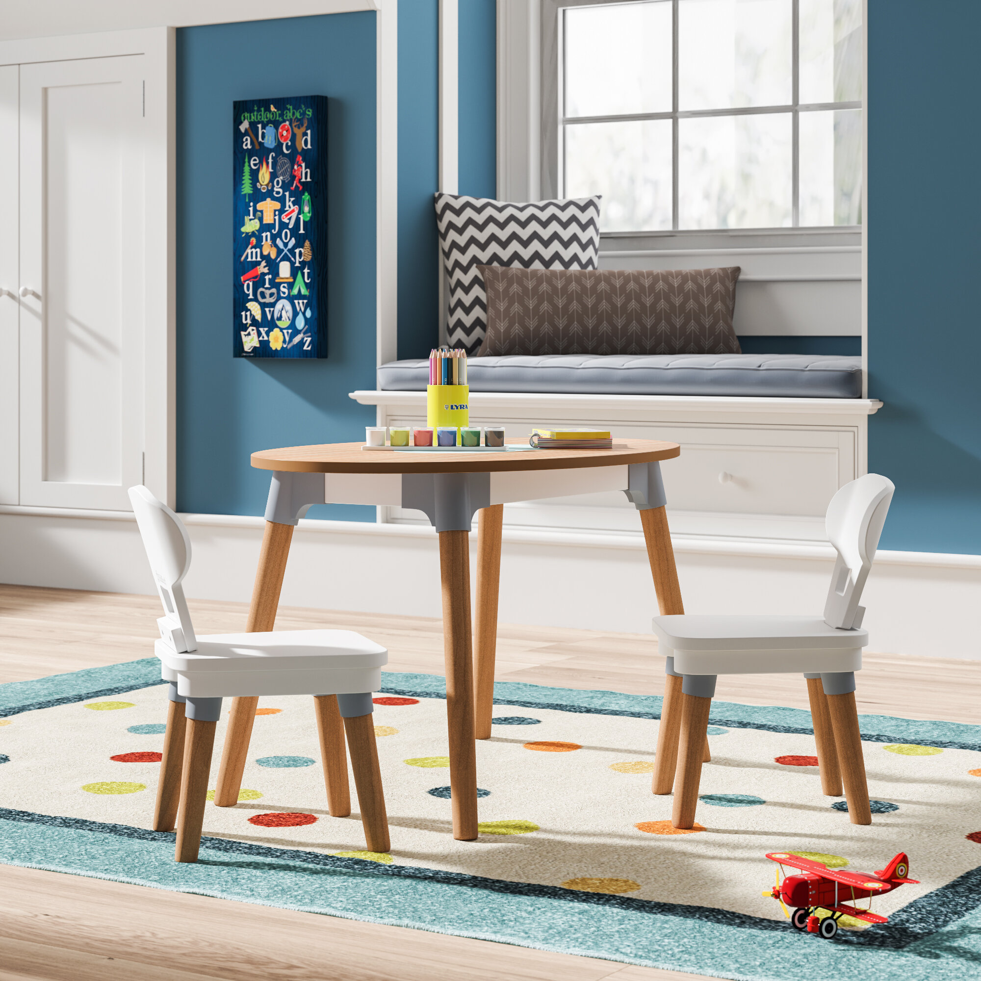 activity table set with two chairs