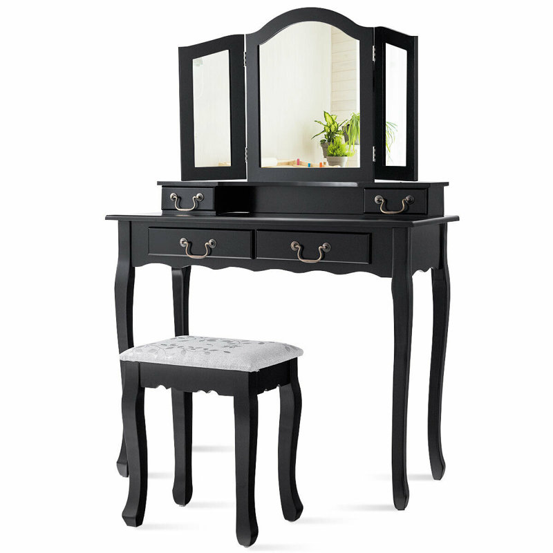 Rosdorf Park Tri Folding Mirror Makeup Dressing Vanity Set With 4 Drawers Black Wayfair