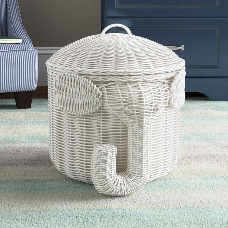 Toy Storage Bin Elephant Trunk Animal Wicker Basket Woven Laundry Hamper White 