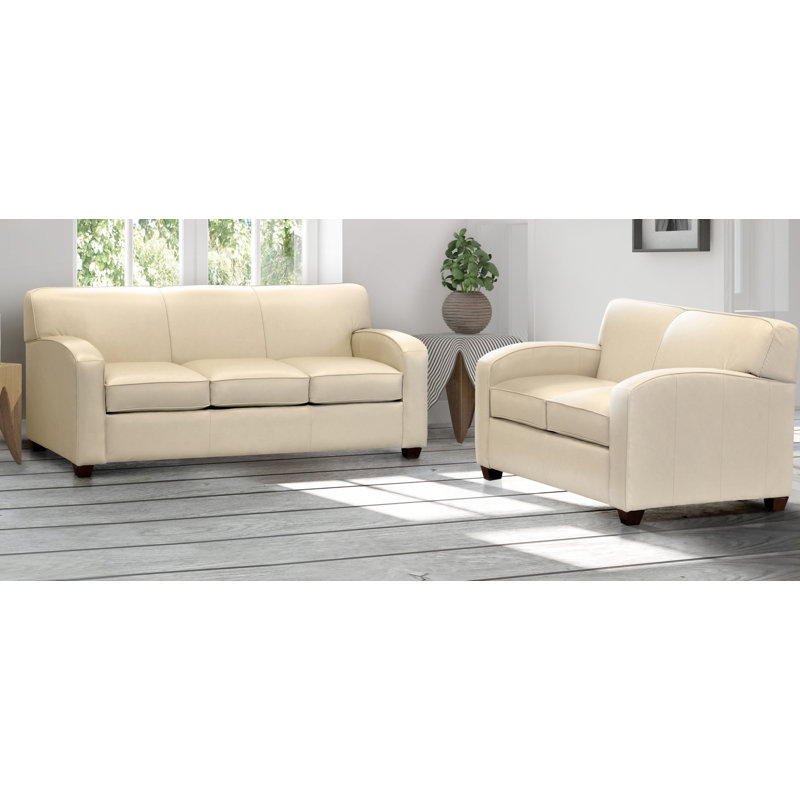 Ebern Designs Made In Usa Rossleigh Cream Top Grain Leather Sofa