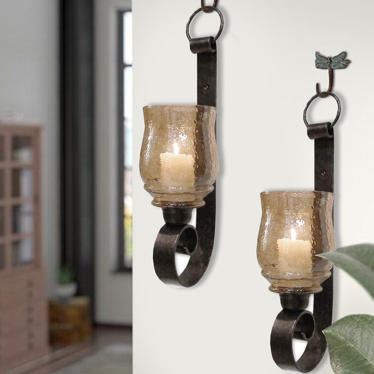 Decent Home Hurricane Pillar Candle Holder Sconce Wall Mounted Metal & Glass Decor for Living Room Set of 2 