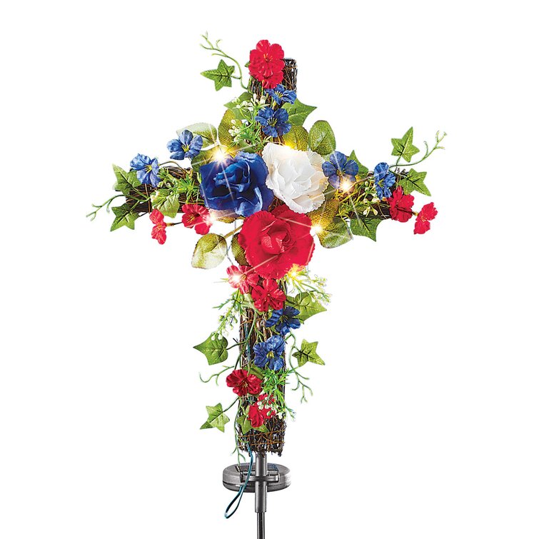 Patriotic Cross Flowers Garden Stake 