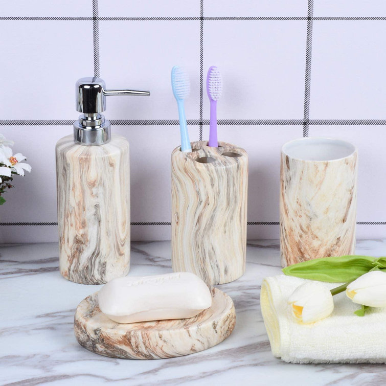Brayden Studio Bathroom Accessories Set Ceramic Including 4 Piece White Marble Bathroom Accessories Set Soap Dispenser Wayfair