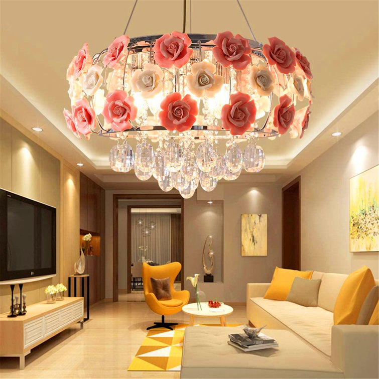 Rosdorf Park Romantic Crystal Ceiling Light Pendant Lamp Pink Rose Flower Chandelier Living Room Bedroom Wayfair