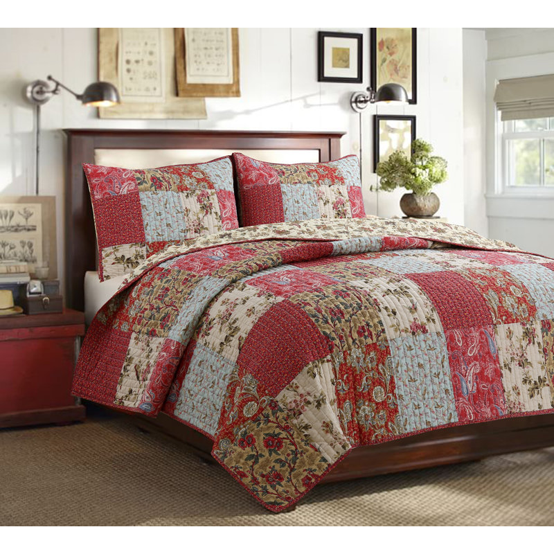 Linen Plus Full//Queen 3pc Over Size Quilted Bedspread Set Reversible Floral Patchwork Pink Beige New
