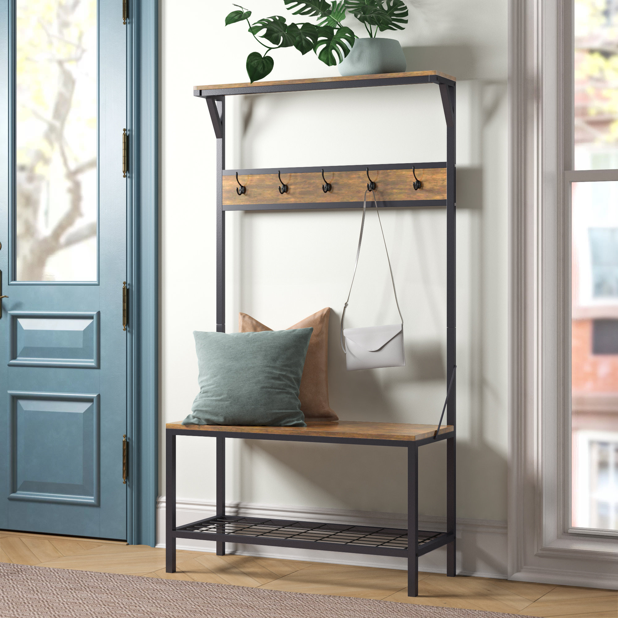 Coat Rack Corner Hall Tree Hat Stand Two Shoe Storage Shelf Hooks Wood Mudroom