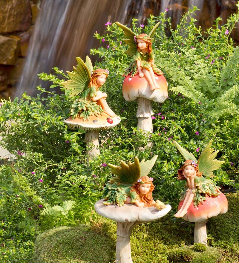 Wind & Weather Fairies on Mushrooms 4 Piece Garden Stake Set & Reviews |  Wayfair