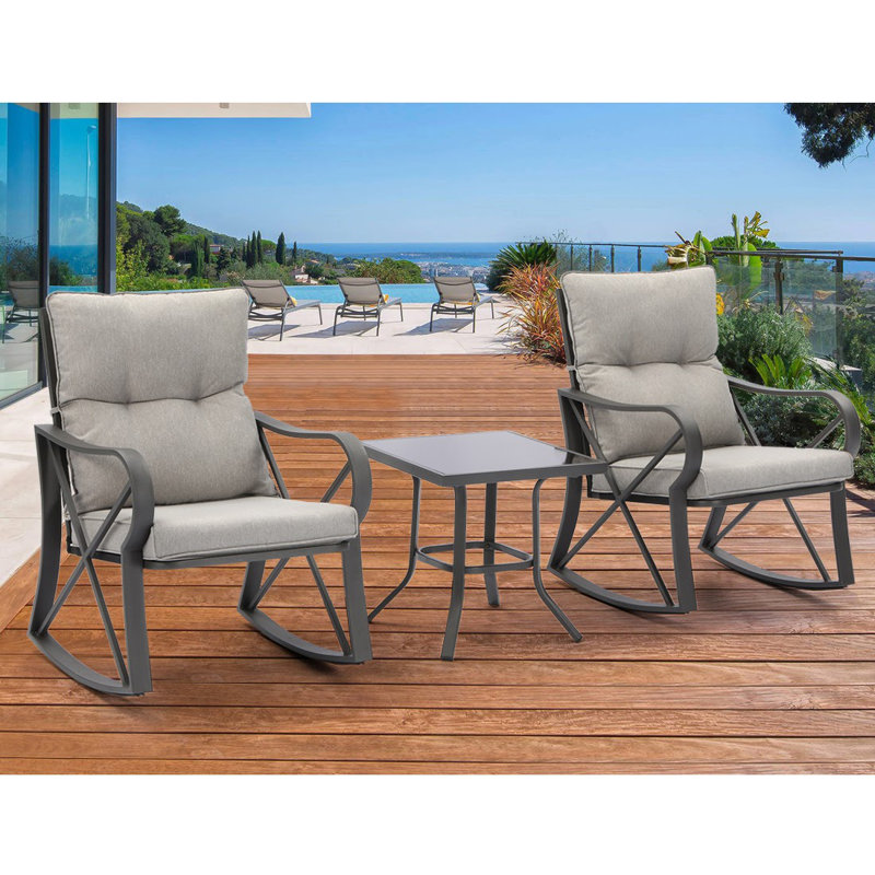 Red Barrel Studio Outdoor Furniture 3 Piece Rocking Chair Set W Warm Grey Cushion Tempered Glass Table Elegant Patio Frame Bistro Chair For Backyard Reviews Wayfair Ca