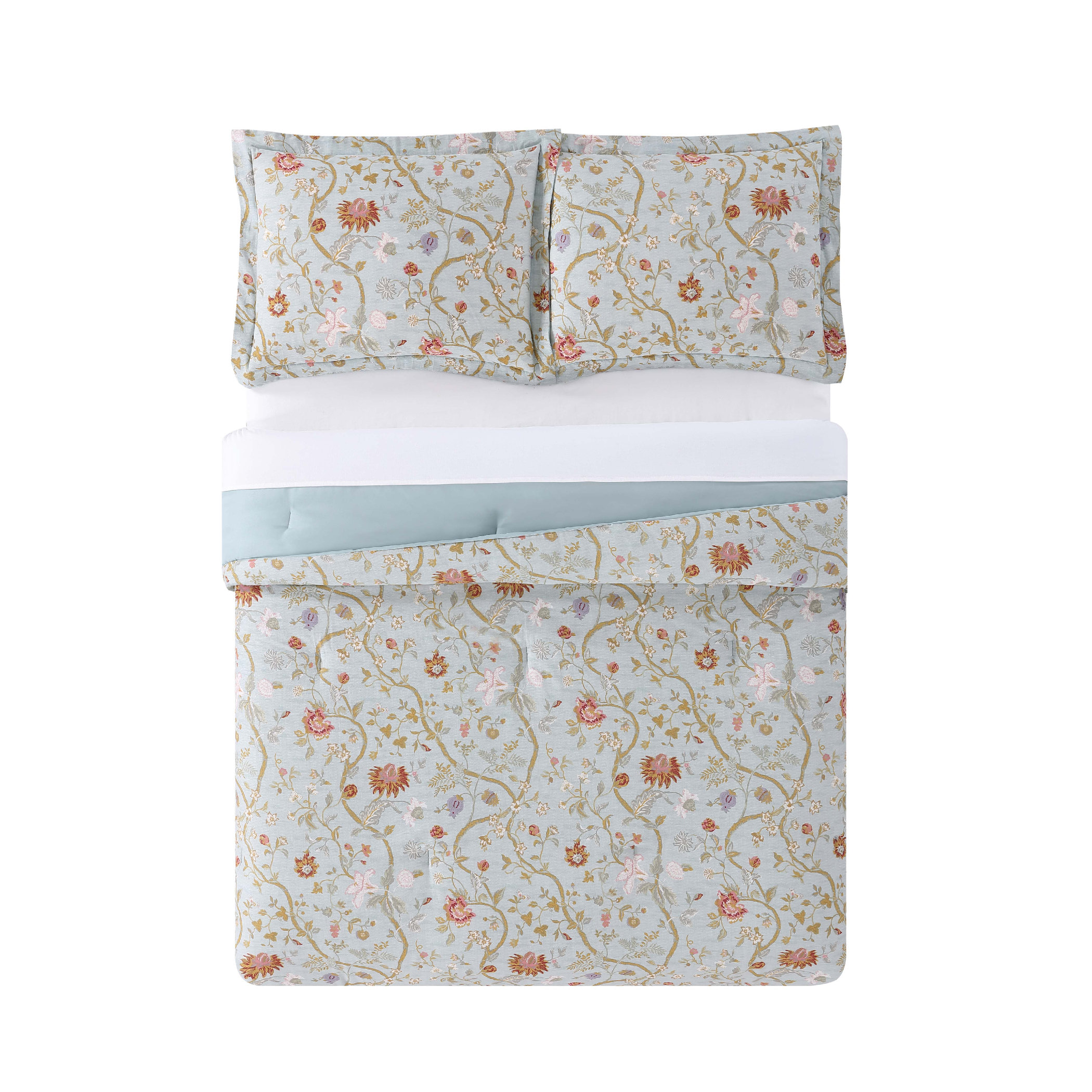 6 Piece Abigail Floral Mint//Blush//White Quilt Set Full//Queen