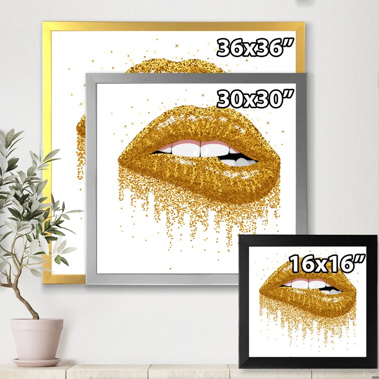 Stunning Lady Gold Lips 3D glitter art picture in mirrored frame Modern picture