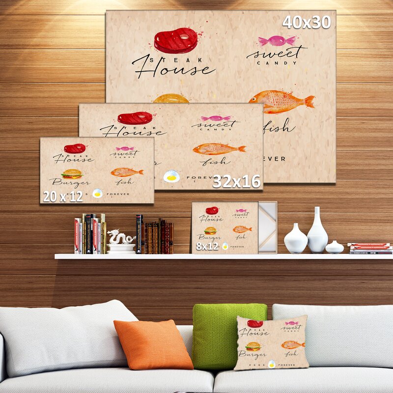 East Urban Home Food Steak House Sweet Candy Burger Fish Eggs Forever Drawing On Kraft Design Graphic Art Print On Wrapped Canvas Wayfair