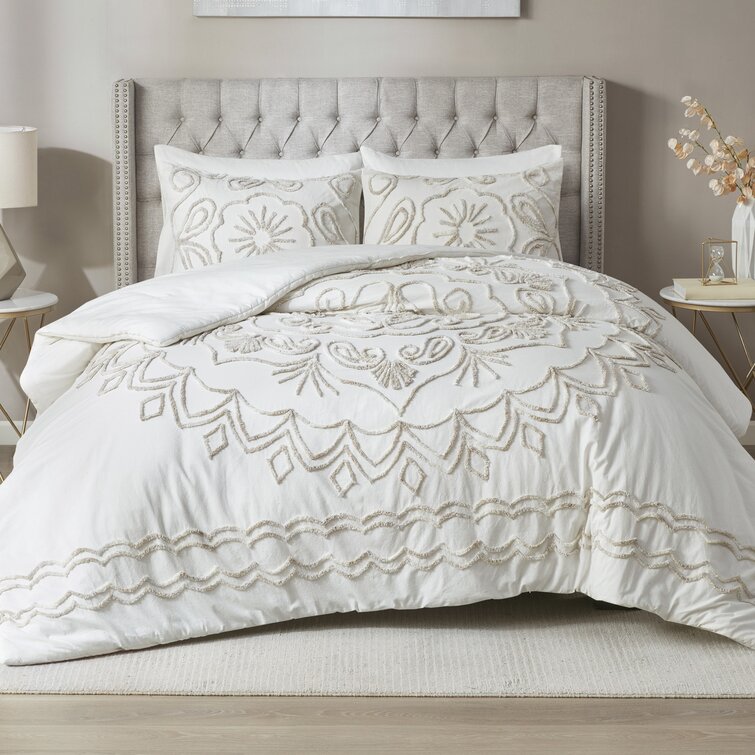 Miley 3 Piece Pleated Ruffled Comforter Set w/ Pillow Shams Soft Bedding Ivory 
