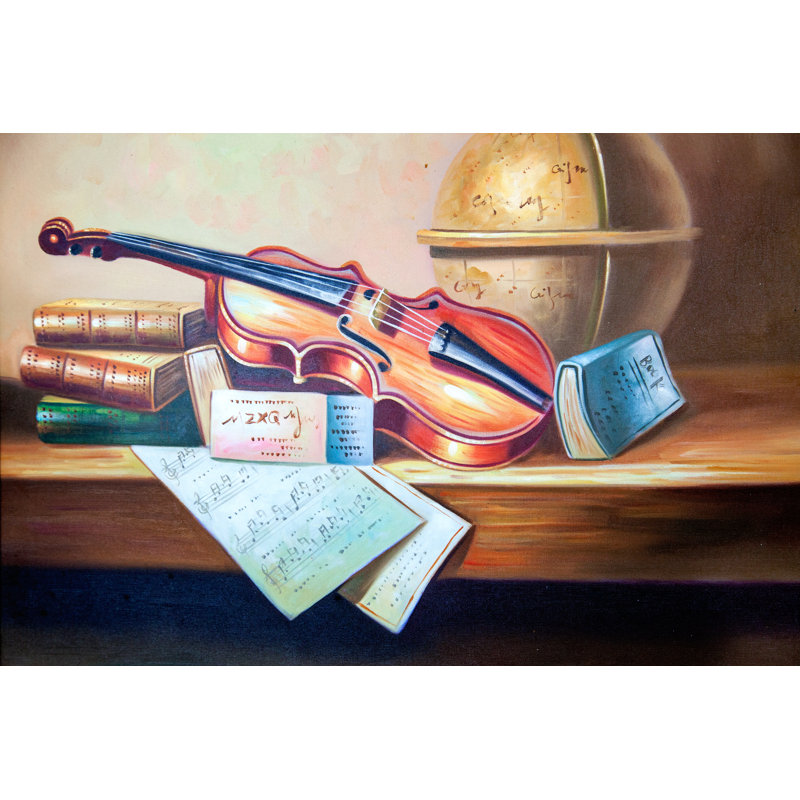 The Silver Teak Violin On A Desk Framed Oil Painting Print On