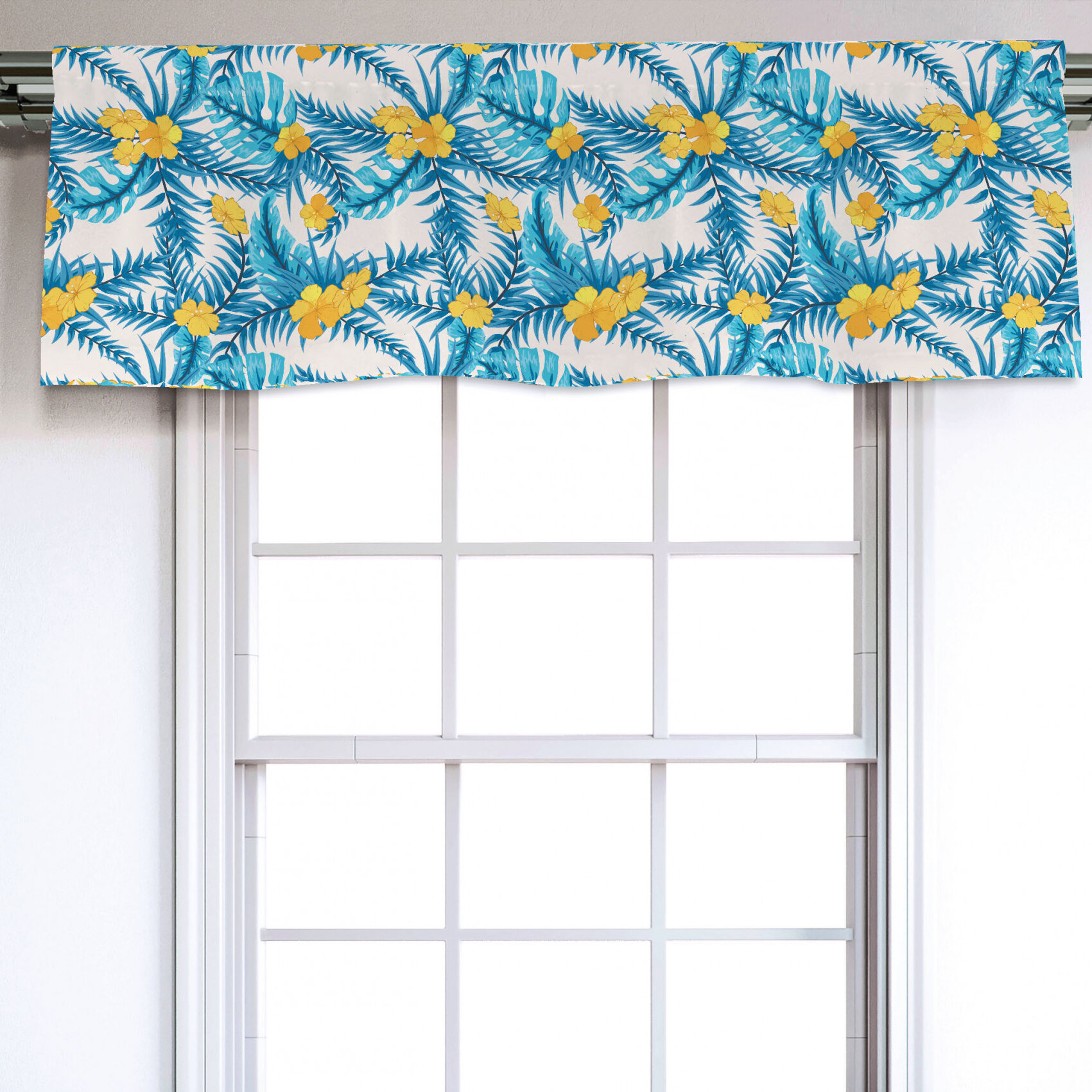 East Urban Home Floral Sateen Ruffled 54'' Window Valance In Blue 