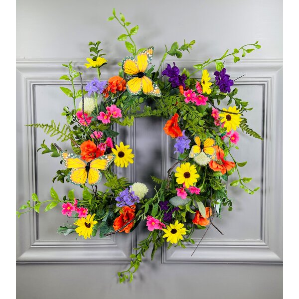 Handmade Spring Summer Easter Deco Mesh Wreath Floral Door Decor w/ Butterflies 