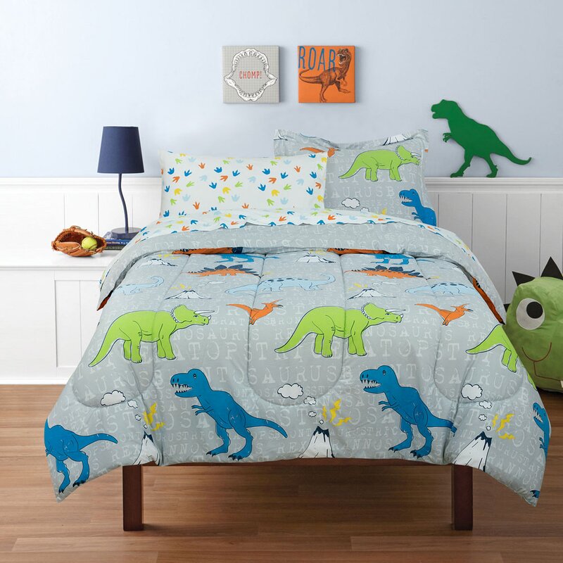 Kids// Teens Dinosaurs Land, Twin Size Elegant Home Multicolors Blue Green Dinosaurs Design Fun Printed Sheet Set with Pillowcases Flat Fitted Sheet for Boys