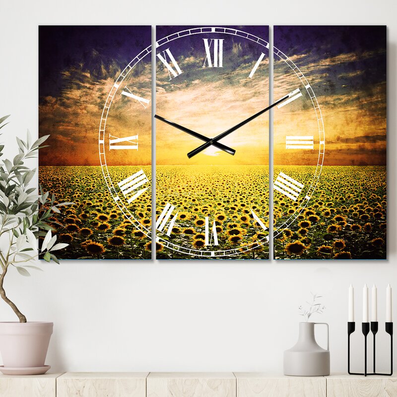 Oversized Beauty Sunset Over Sunflowers Field Cottage Metal Wall Clock